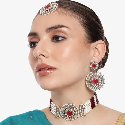 Gehena by Estele Gold-Plated Captivating Kundan-Stunded and Green Pearl Beaded Choker Necklace Set and Maang Tikka for Girlss and Women