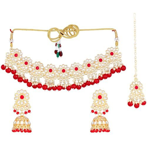 Gehena by Estele Gold Plated Marvelous Floral Designer Kundan & Ruby Beads Studded Choker Necklace Set with Maang Tikka for Girls and Women