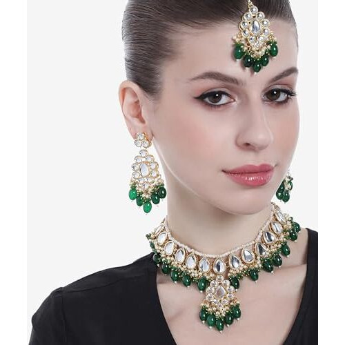 Gehena by Estele Gold Plated Dazzling Cluster Drop Kundan Choker Necklace set and Maang tikka with Green Beads for Girls and Women