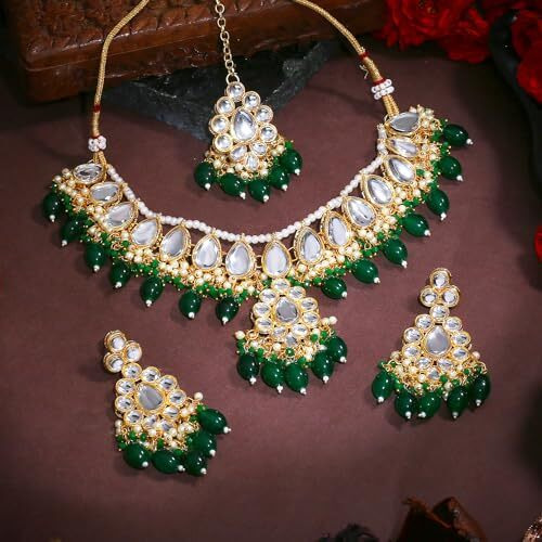 Gehena by Estele Gold Plated Dazzling Cluster Drop Kundan Choker Necklace set and Maang tikka with Green Beads for Girls and Women