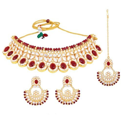 Gehena by Estele Gold Plated Resplendent Designer Ruby Studded Crystals with Cluster Beaded Choker Necklace Set and Maang Tikka for Girls and Women