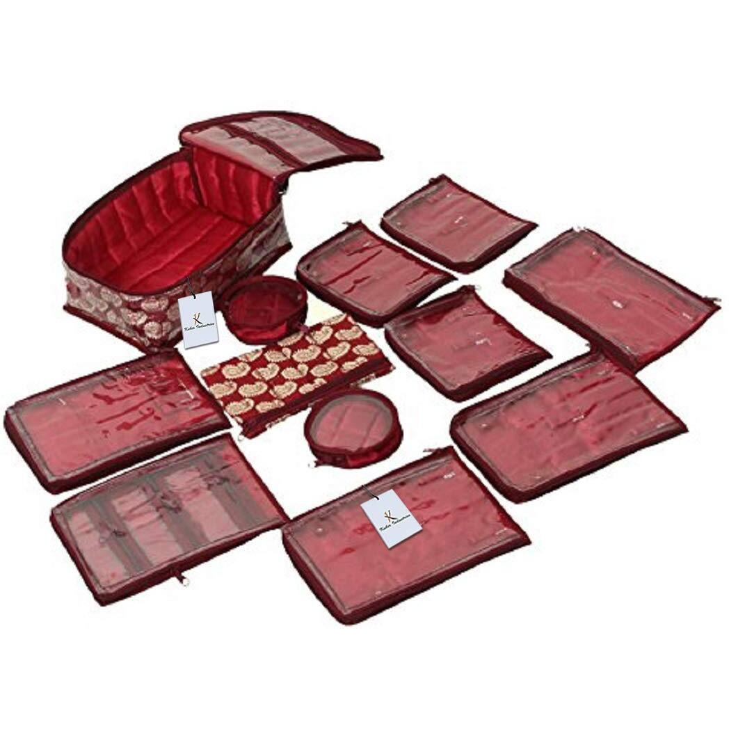 Kuber Industries Brocade Jewellery kit with 12 Pouch|Solid Print With Waterproof Outer Material|12 Pouches & Zipper Closure|Size 25 x 17 x 10, Pack of 1 (Maroon)