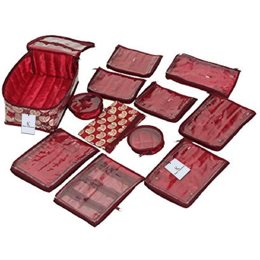 Kuber Industries Brocade Jewellery kit with 12 Pouch|Solid Print With Waterproof Outer Material|12 Pouches & Zipper Closure|Size 25 x 17 x 10, Pack of 1 (Maroon)