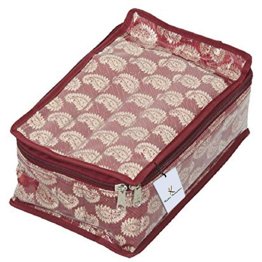 Kuber Industries Brocade Jewellery kit with 12 Pouch|Solid Print With Waterproof Outer Material|12 Pouches & Zipper Closure|Size 25 x 17 x 10, Pack of 1 (Maroon)