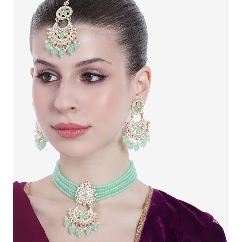 Gehena by Estele Gold Plated Captivating Leaf Designer Kundan-Studded with Mint Green Beaded Pearls Necklace Set and Maang Tikka for Girls and Women