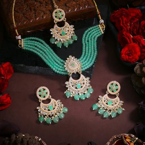 Gehena by Estele Gold Plated Captivating Leaf Designer Kundan-Studded with Mint Green Beaded Pearls Necklace Set and Maang Tikka for Girls and Women