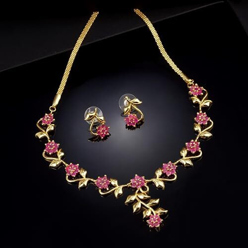 Estele Gold Plated Ruby Traditional Necklace Jewellery Set For Girls and Women