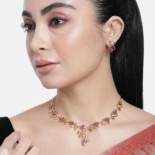 Estele Gold Plated Ruby Traditional Necklace Jewellery Set For Girls and Women