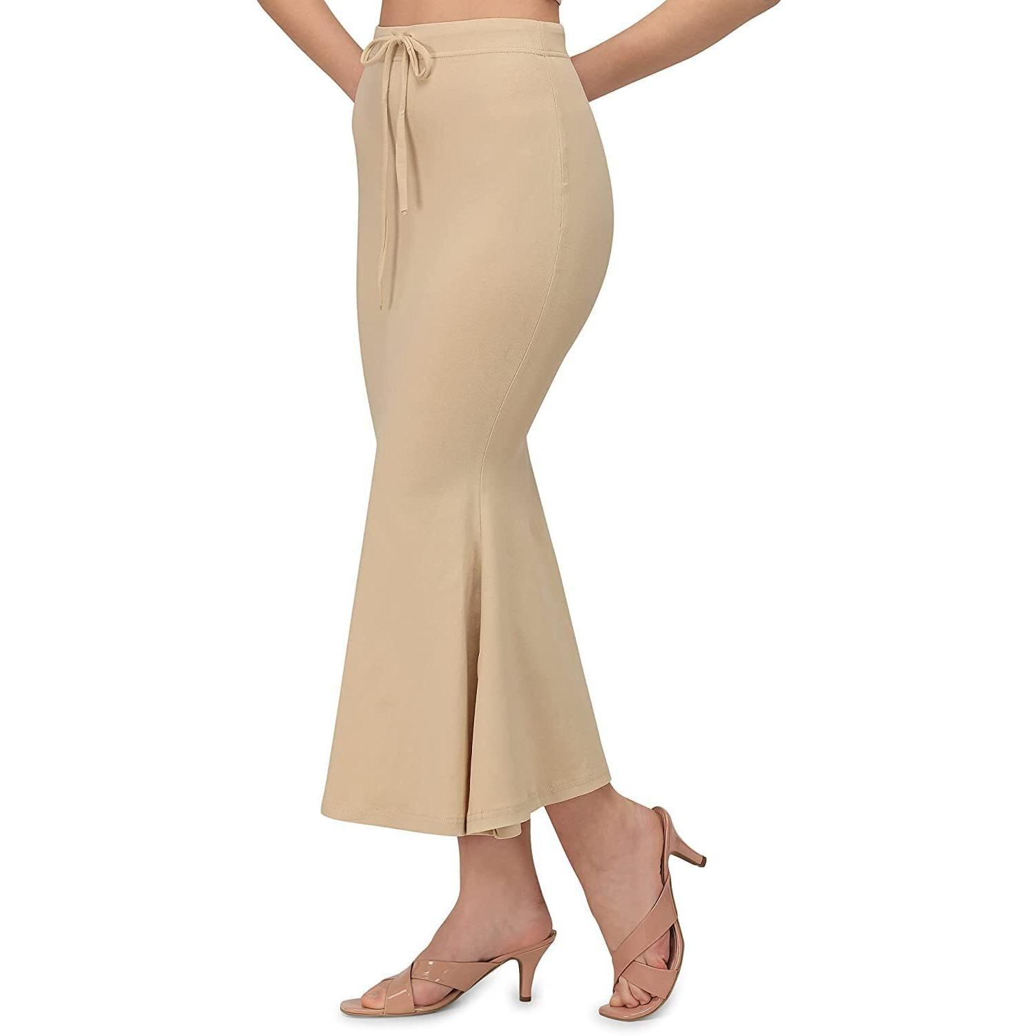 Bureaucrat Saree Shapewear Petticoat for Women Cotton Blended Lycra Shaper Peticoat with Elastic & Lace (naada) Long Under Skirt Shape wear Dress Satin Sari Beige Fishcut Wrinkle Free (XL, Beige)