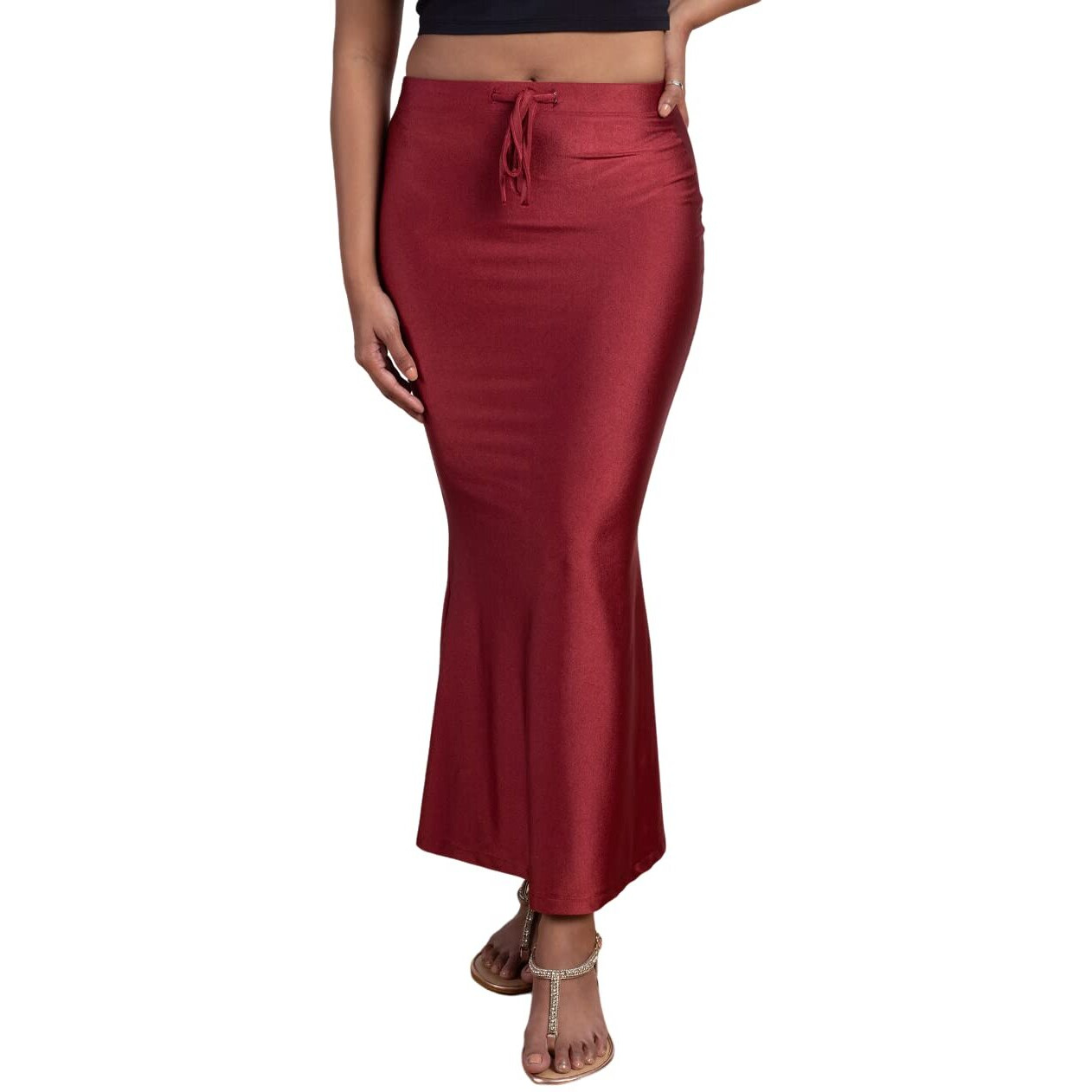 NYKD Everyday Saree Petticoat for Women - Shapewear with Drawstring, Side Slit, Mermaid Cut - Saree Shapewear, NYOE01, Maroon, L, 1N