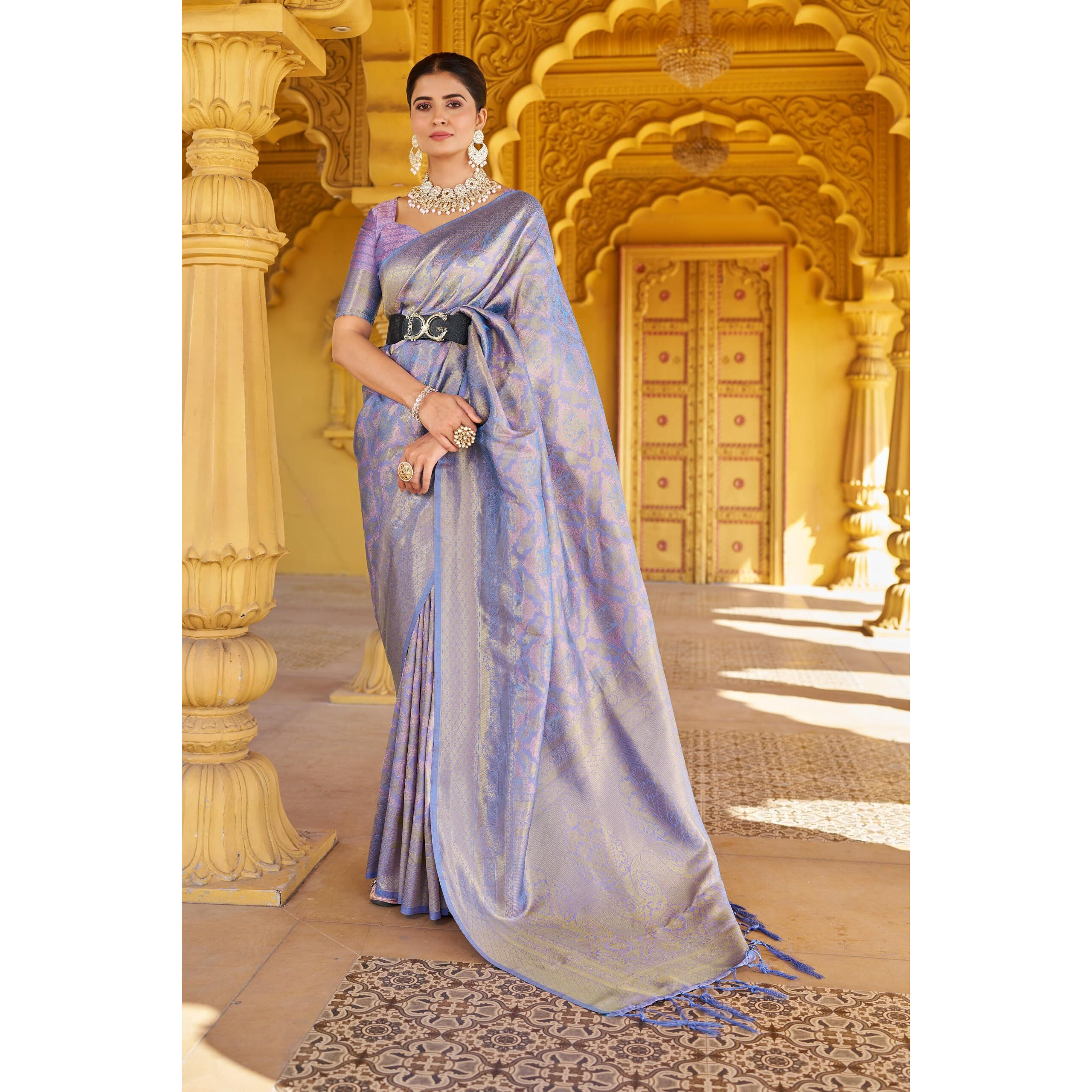 SWORNOF Womens Kanjivaram Banarasi Silk Patola Woven Design Saree With Unstitched Blouse Piece (Lovender), Lavender