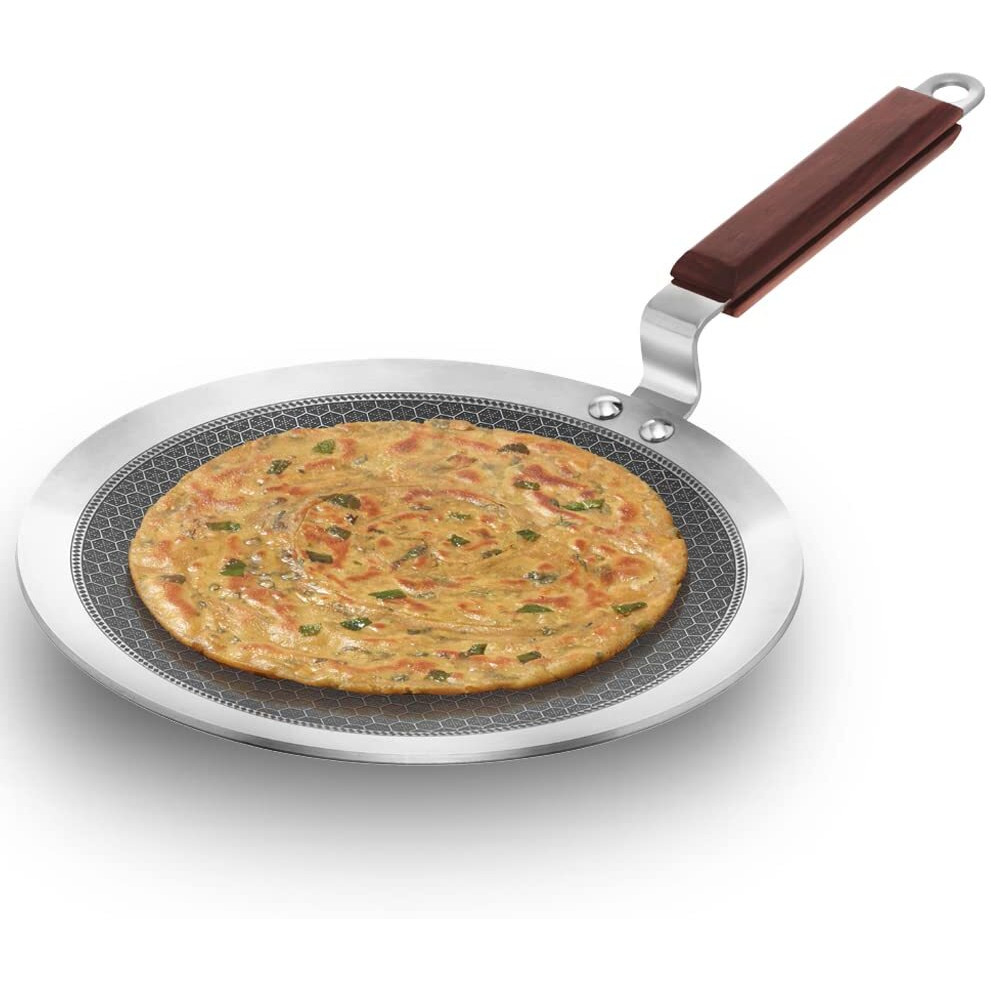 Hawkins 26 cm Paratha Tava, Triply Stainless Steel Shielded Nonstick Tawa with Rosewood Handle, Honeycomb Non Stick Induction Tawa, Silver (NSPT26)