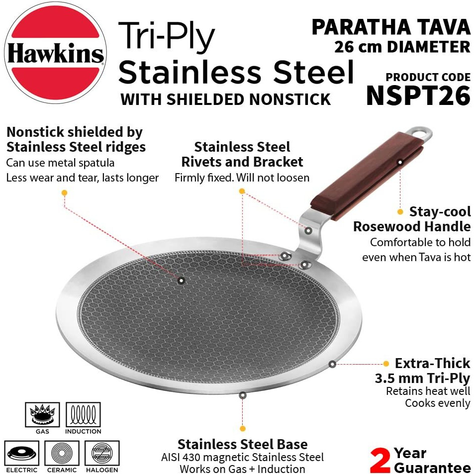 Hawkins 26 cm Paratha Tava, Triply Stainless Steel Shielded Nonstick Tawa with Rosewood Handle, Honeycomb Non Stick Induction Tawa, Silver (NSPT26)