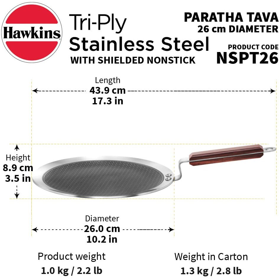 Hawkins 26 cm Paratha Tava, Triply Stainless Steel Shielded Nonstick Tawa with Rosewood Handle, Honeycomb Non Stick Induction Tawa, Silver (NSPT26)