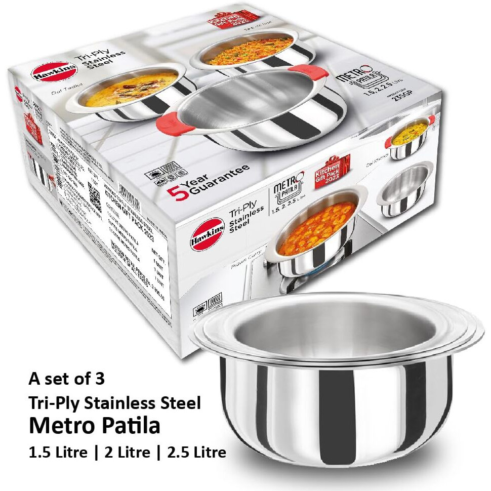 Hawkins Kitchen Gift Pack 2023 (23SGP) 3 Pieces Set of 1.5 Litre, 2 Litre and 2.5 Litre Triply Stainless Steel Patila, Tope, Bhagona, Tapeli, Saucepans