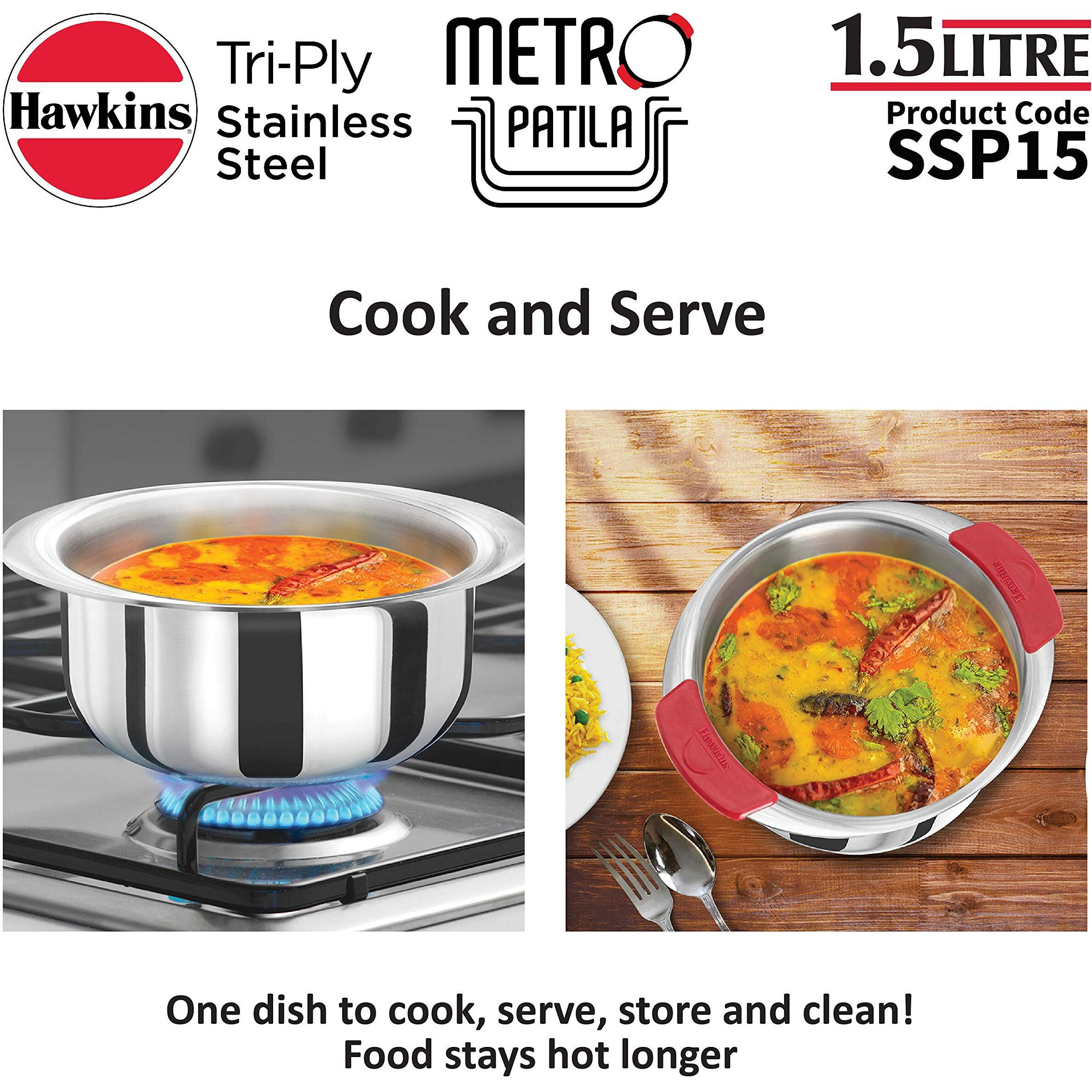 Hawkins 1.5 Litre Metro Patila, Triply Stainless Steel Tope, Induction Bhagona, Tapeli, Silver (SSP15)