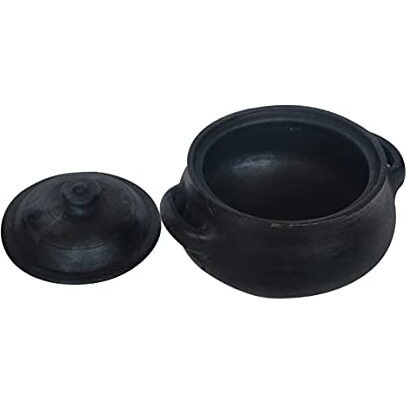 Ziaon LPG and Microwave Unglazed Clay Handi/Earthen Pot for Cooking Biriyani Pot with Lid - 5 Litre - Black