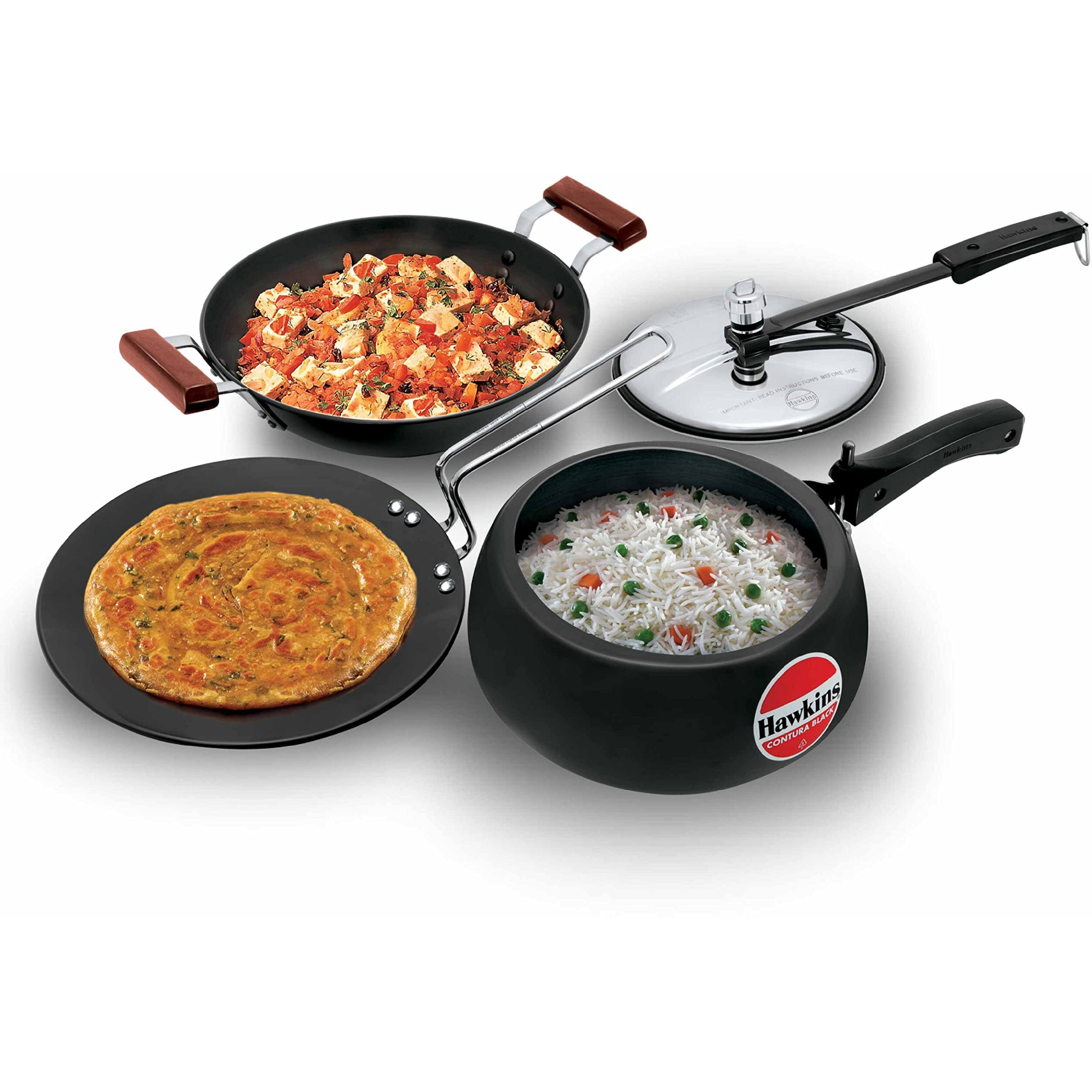 Hawkins Triniti Kitchen Set (Tava, Deep-Fry Pan, Inner Lid Pressure Cooker), Black (PCWSET1), Hard Anodised Aluminium