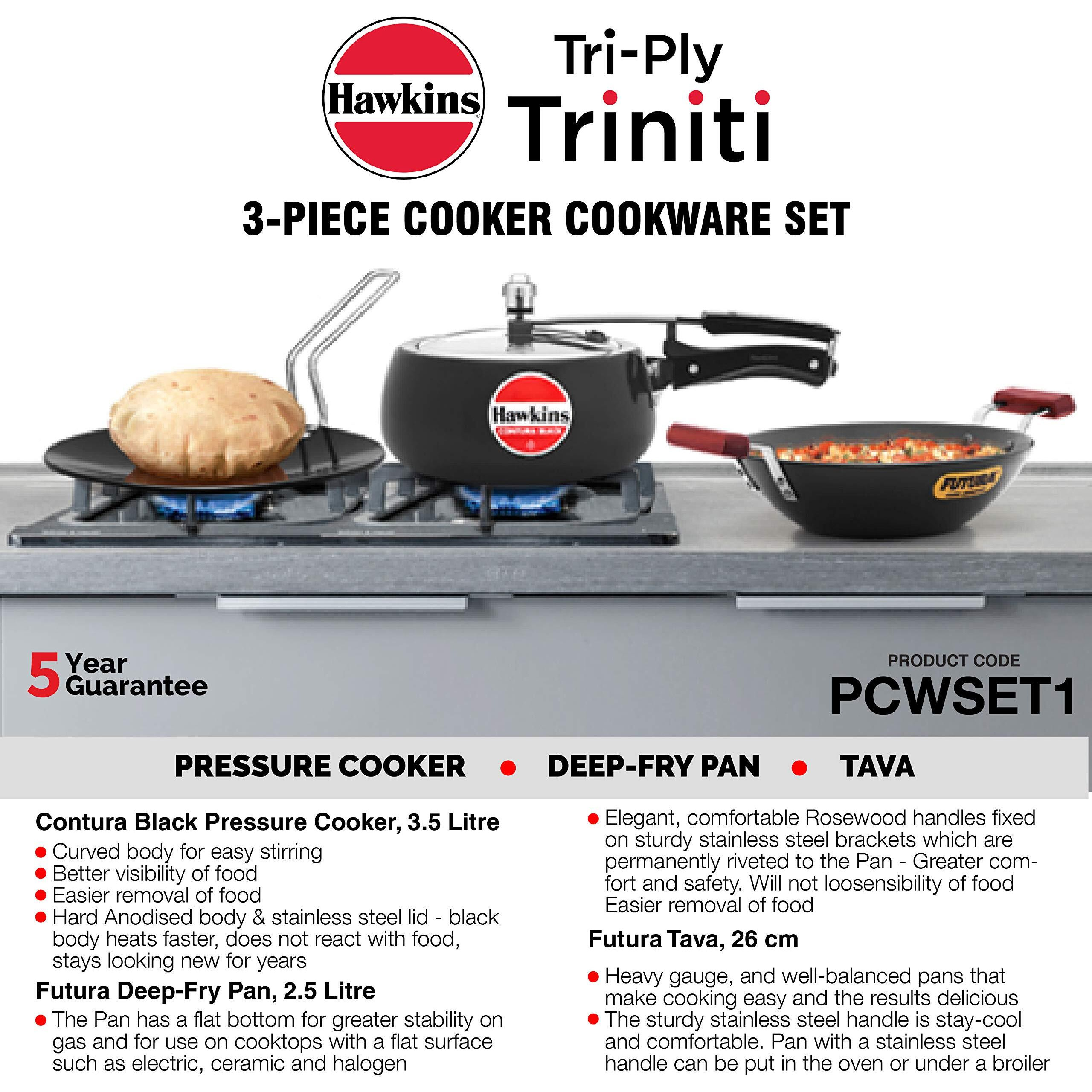 Hawkins Triniti Kitchen Set (Tava, Deep-Fry Pan, Inner Lid Pressure Cooker), Black (PCWSET1), Hard Anodised Aluminium