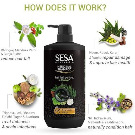 Sesa Ayurvedic Medicinal Shampoo Hairfall Control Anti Dandruff Shampoo Infused with 17 Ayurvedic Herbs Smooth & Shiny Hair For Men & Women (500 ml)