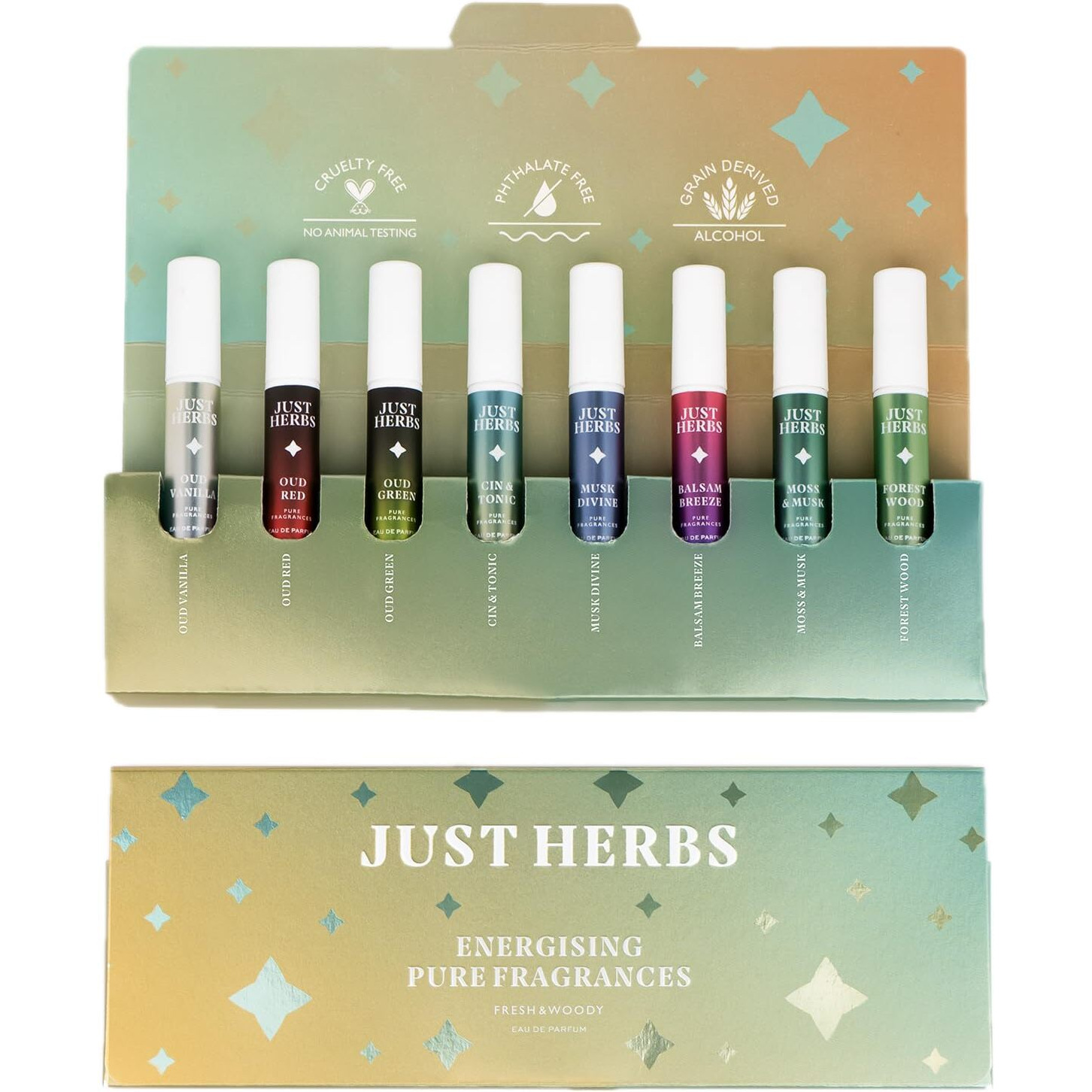 Just Herbs EDP Perfumes Trial Set of 8 x 3ml Long Lasting Pocket Perfume Fragrances for Men and Women (Fresh & Woody)