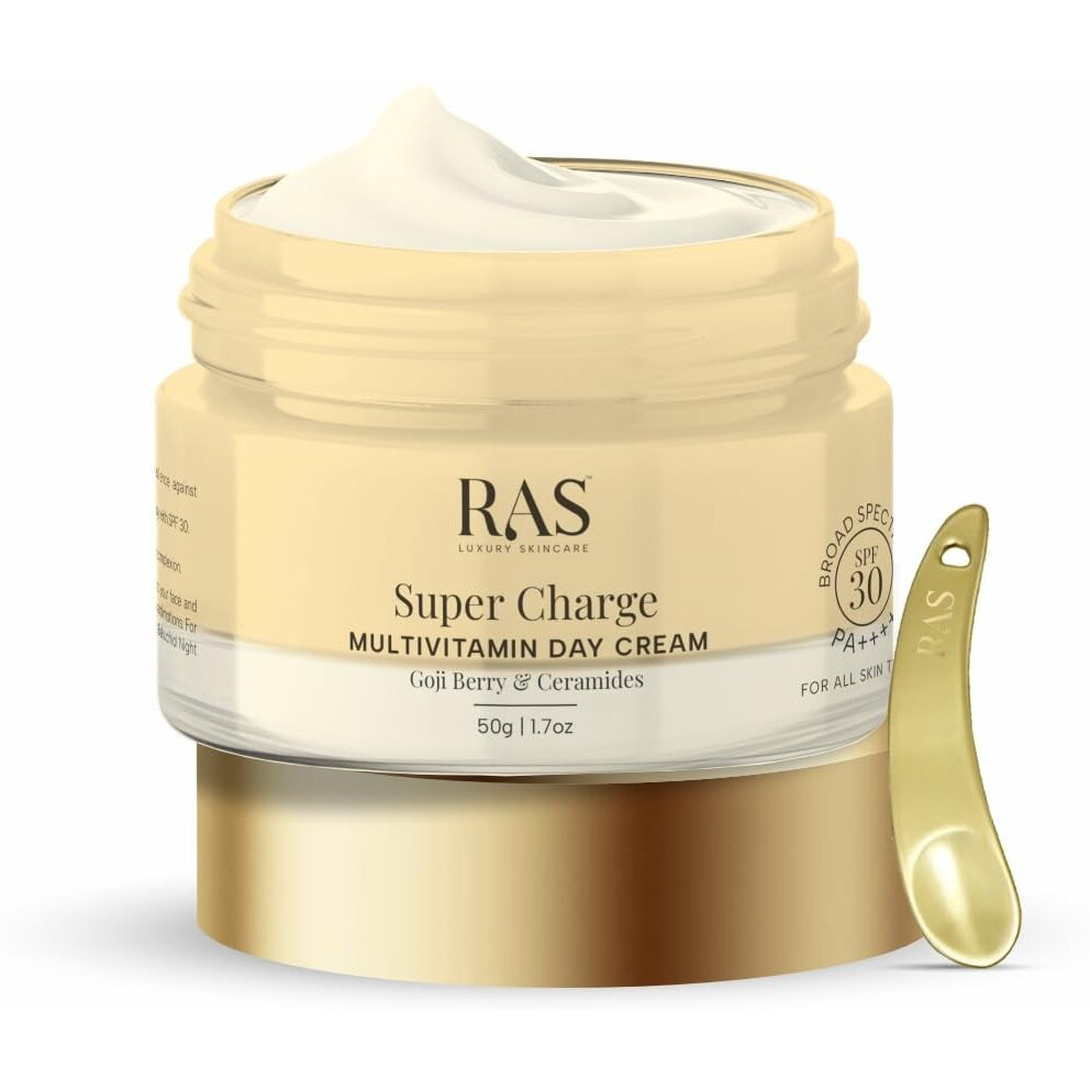 Ras Luxury Oils Super Charge Day Cream with Multivitamin SPF 30 PA++++ Goji Berry & Ceramides | Moisturizer for Glowing Skin with 72HR Hydration | Protection from UVA & UVB | Luxury Skincare | 50gm