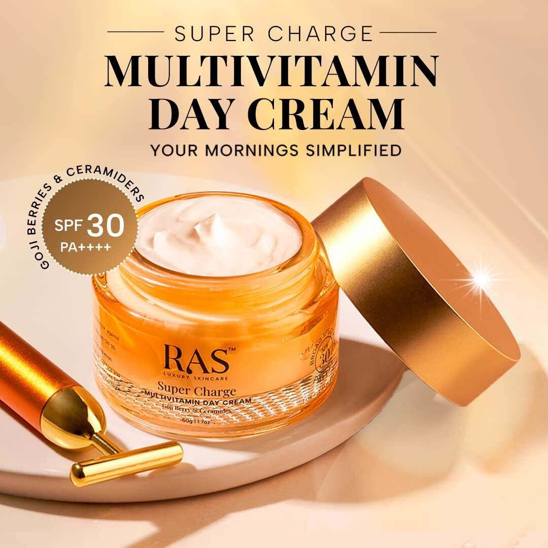 Ras Luxury Oils Super Charge Day Cream with Multivitamin SPF 30 PA++++ Goji Berry & Ceramides | Moisturizer for Glowing Skin with 72HR Hydration | Protection from UVA & UVB | Luxury Skincare | 50gm