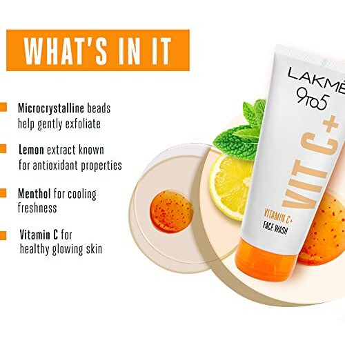 LAKM 9To5 Vitamin C Facewash With Microcrystalline Beads For Refreshed & Glowing Skin 100 g