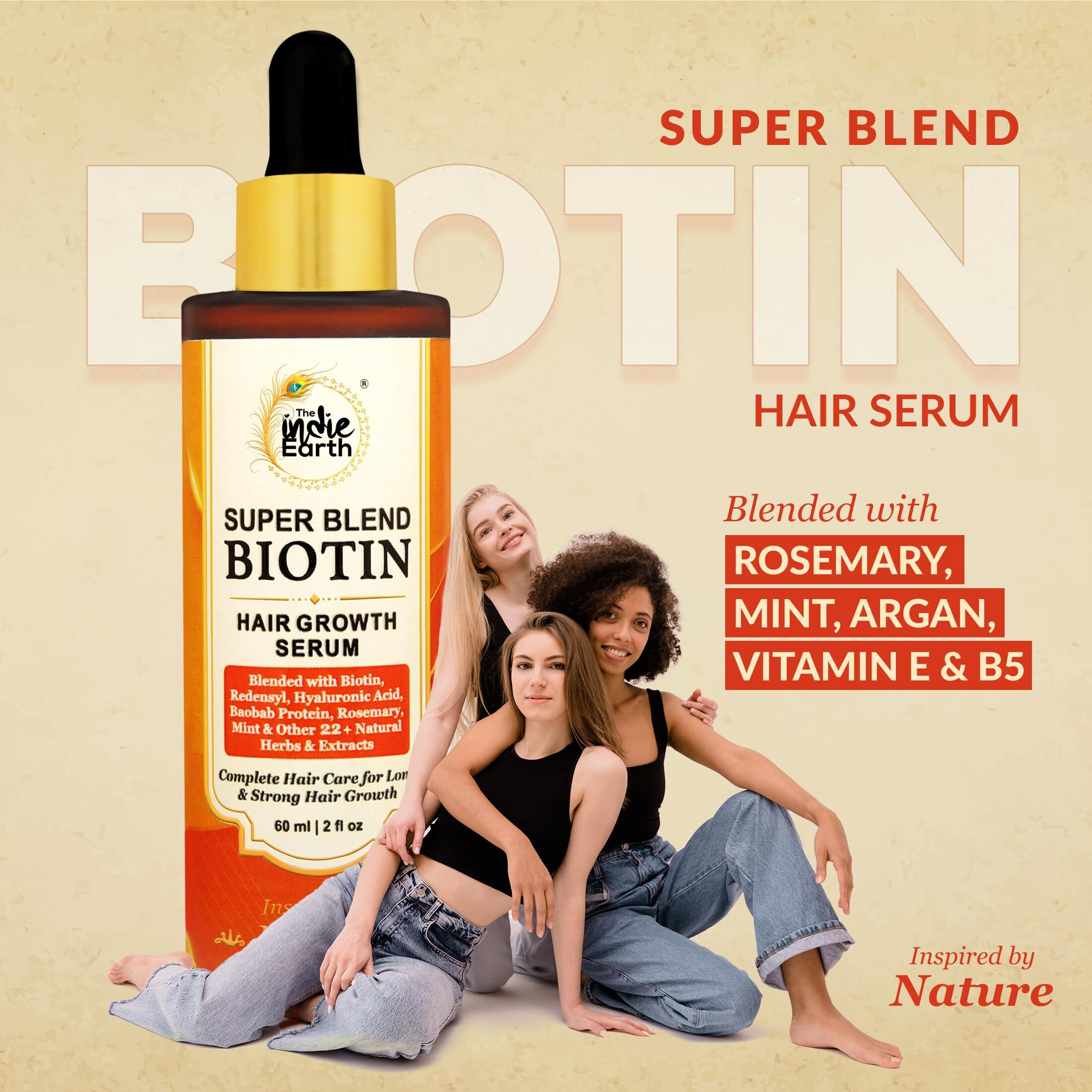 The Indie Earth Rosemary Mint Biotin Hair Serum Formulated With Biotin, Hyaluronic Acid, Baobab Protein, Rosemary, Mint & Other 22+ Natural Herbs & Extracts 60 Ml, 160 Grams