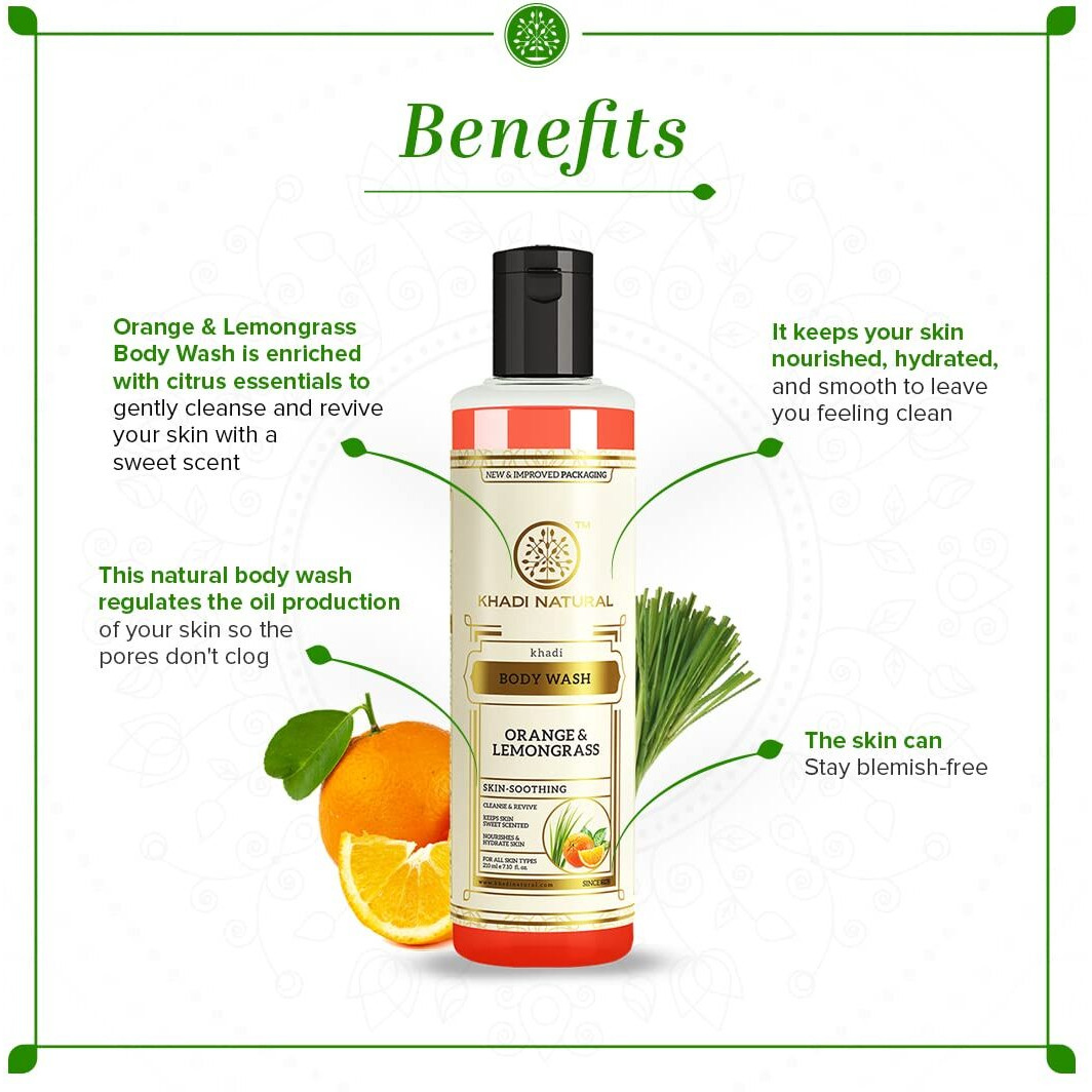 Khadi Natural Herbal Orange & Lemongrass Body Wash| Cleanses and Revives Skin|Regulates oil production| Keeps skin blemish free|Suitable for All Skin Types| 210ml