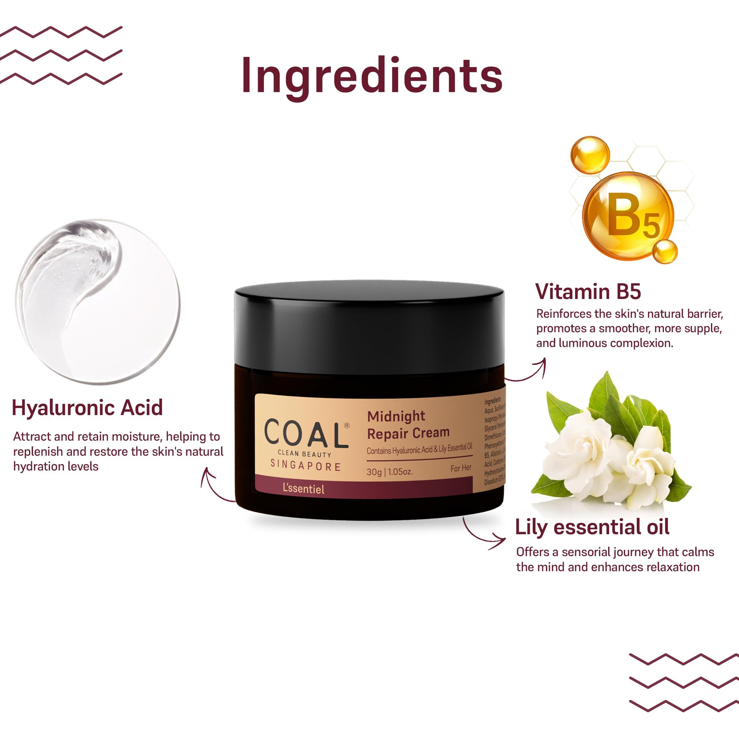 COAL Clean Beauty Midnight Repair Cream with Hyaluronic Acid & Lily Oil | Repairs & Renews Skin | Women | All Skin Types | 30g