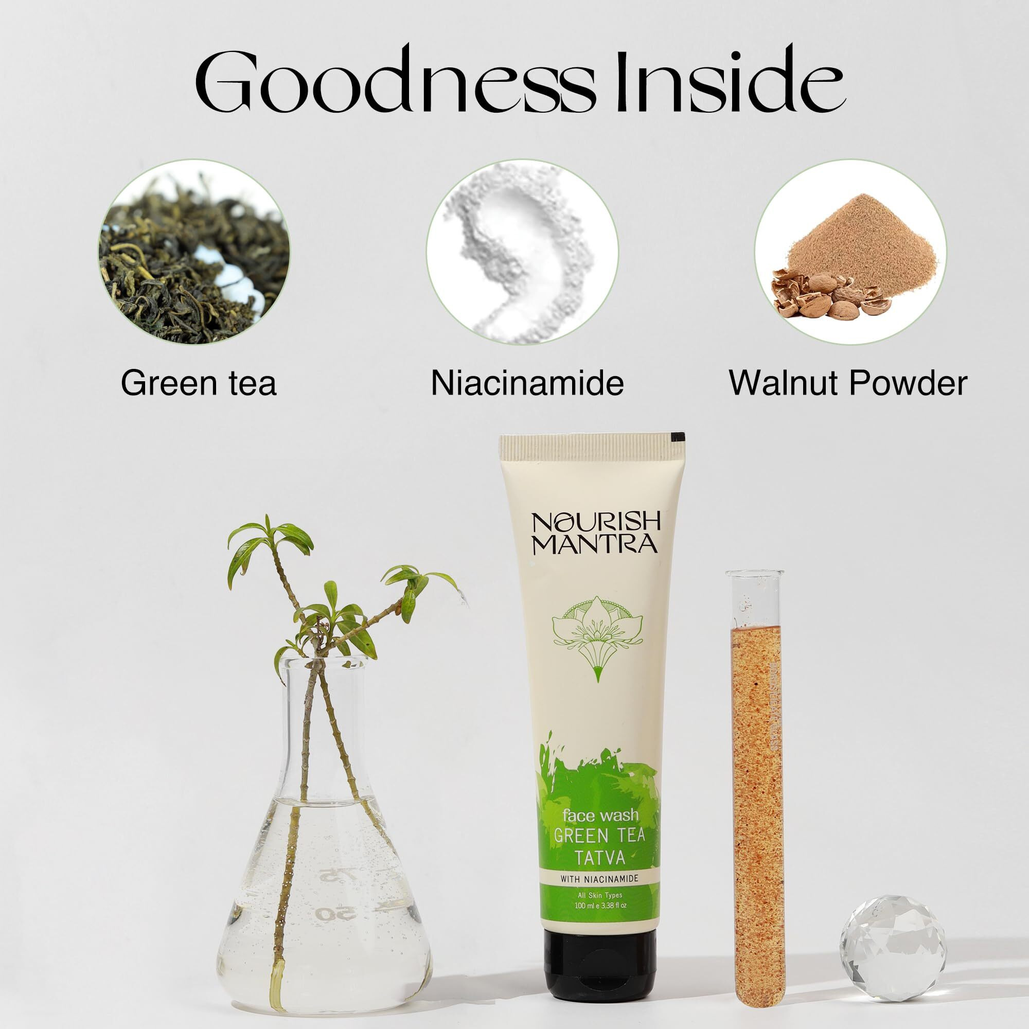 Nourish Mantra Green Tea Tatva Face Wash | With Green Tea, Walnut Powder & Niacinamide| For All Skin Types | 2-in-1 Exfoliator & Face Cleanser | Paraben & SLSSLES Free - 100 ml