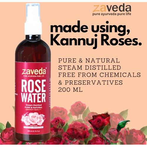 ZAVEDA Pure & Natural Rose Water Spray 200ml Mist |Skin Toner | Steam Distilled - Gulab Jal- Rosewater - Organic - Chemical Free - Gulabjal