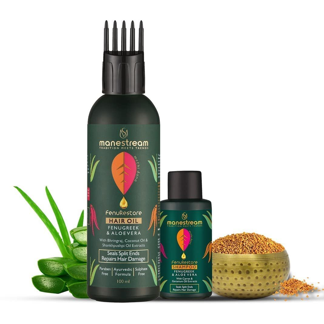 Manestream Fenurestore Ayurvedic Hair Oil with Fenugreek, Bhringraj & Aloe Vera Dull & Damaged Hair | Free Mini Shampoo 30ml - Pack of 2