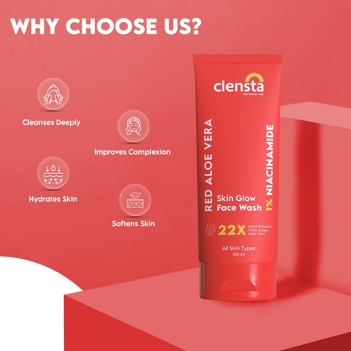 Clensta Red Aloe Vera Face Wash With Vitamin C & Niacinamide For Nourishing, Hydrating & Glowing Skin | Face Wash For All Skin Types For Women & Men 100 Ml | NEW LAUNCH