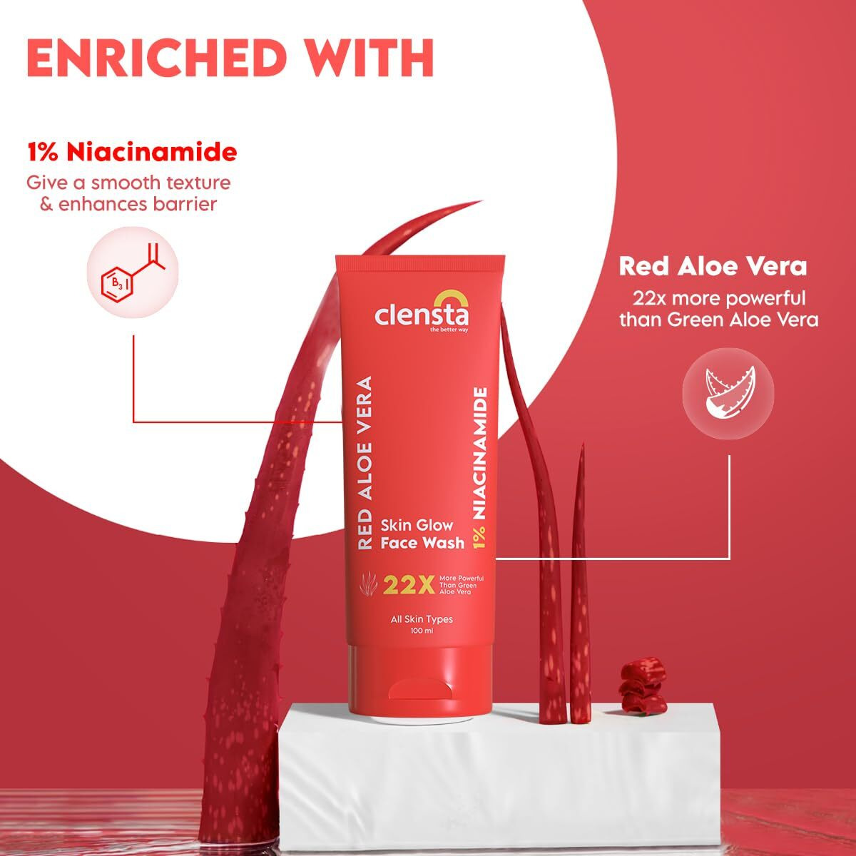 Clensta Red Aloe Vera Face Wash With Vitamin C & Niacinamide For Nourishing, Hydrating & Glowing Skin | Face Wash For All Skin Types For Women & Men 100 Ml | NEW LAUNCH