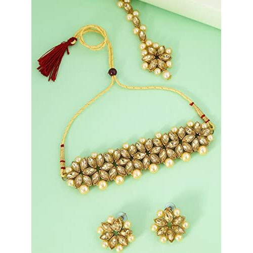 Yellow Chimes Kundan Jewellery Set Gold Plated Traditional Choker Necklace Set Gold Plated and Pearl Jewellery Set for Women (Golden) (YCTJNS-05FLWKUN-GL)