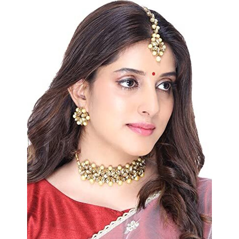 Yellow Chimes Kundan Jewellery Set Gold Plated Traditional Choker Necklace Set Gold Plated and Pearl Jewellery Set for Women (Golden) (YCTJNS-05FLWKUN-GL)