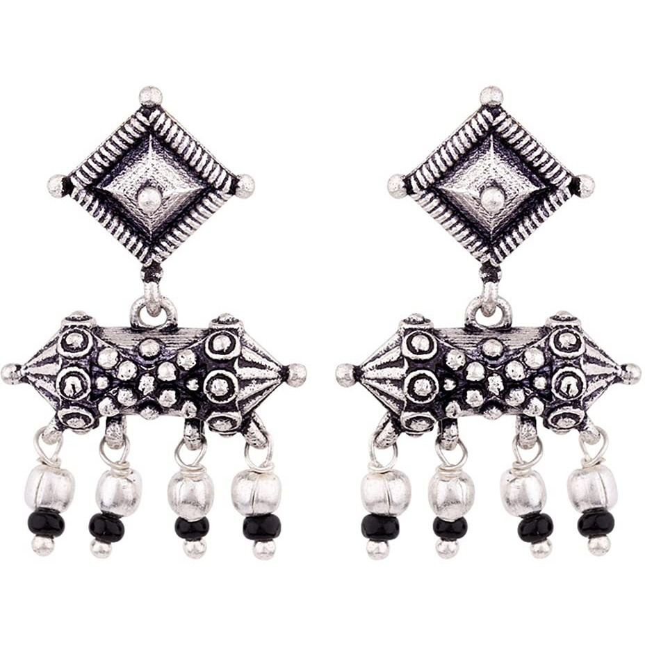 Voylla Oxidised Silver Brass Geometric Design Ethnic Earrings with Black Beads for Women and Girls