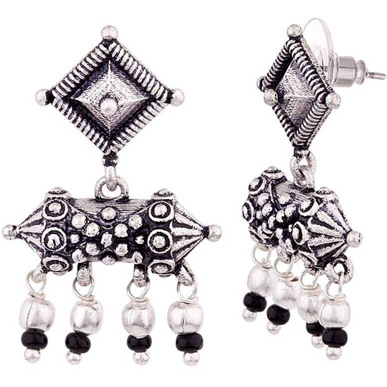 Voylla Oxidised Silver Brass Geometric Design Ethnic Earrings with Black Beads for Women and Girls