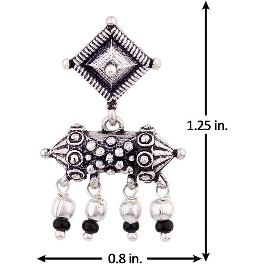 Voylla Oxidised Silver Brass Geometric Design Ethnic Earrings with Black Beads for Women and Girls