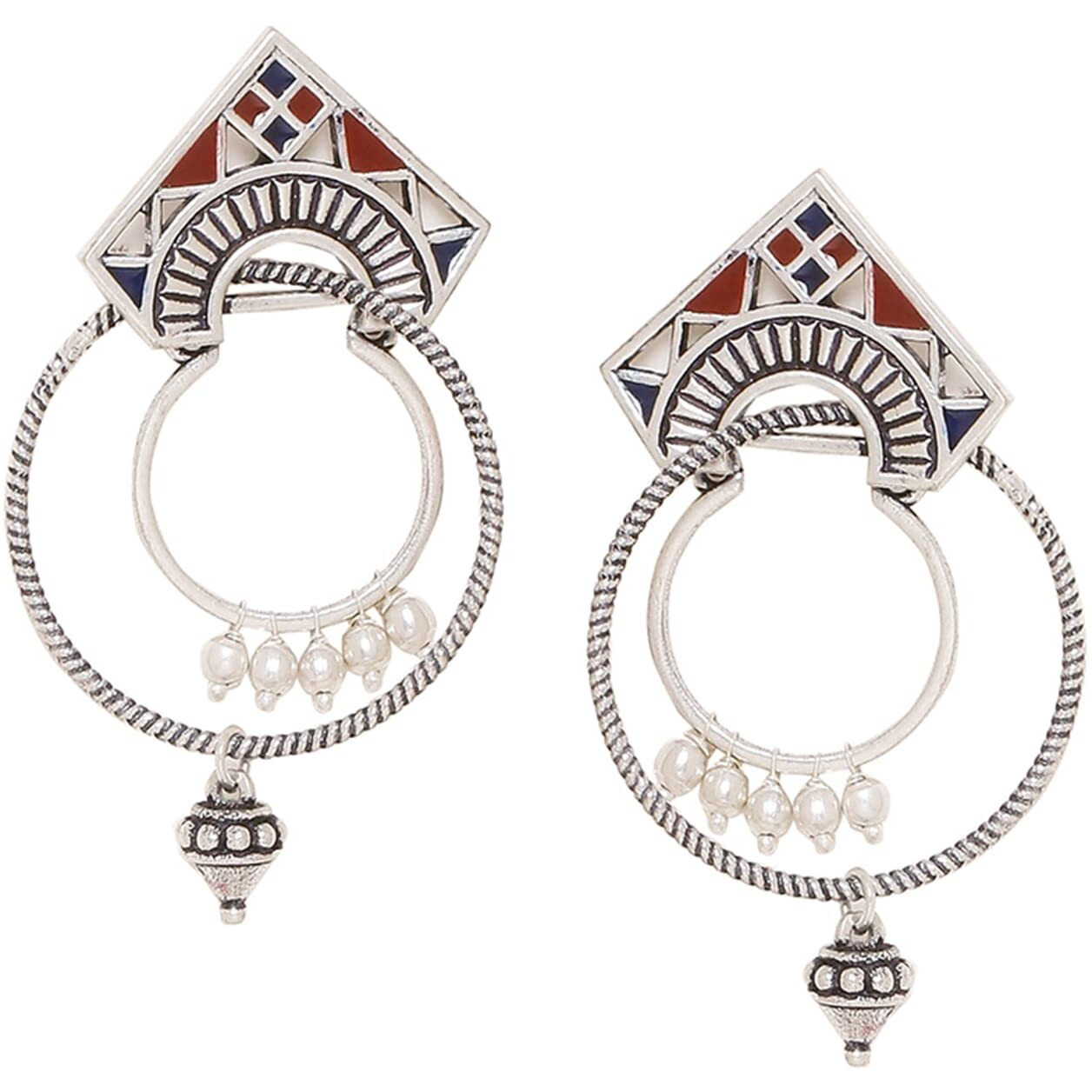 Voylla Brass Silver Oxidised Plating Moksha Tribal Hoop Earrings with White Pearl Beads for Women and Girls