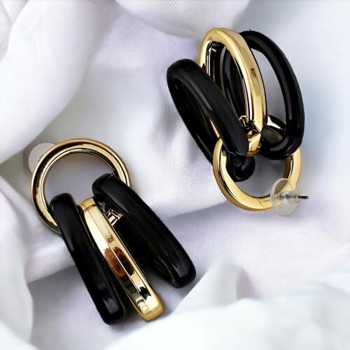 Lucky Jewellery Designer 18k Gold Plated Black Color Circle Link Earring With Multiple Rings Drop Earrings For Girls & Women (90-CHEP-1196-BL)