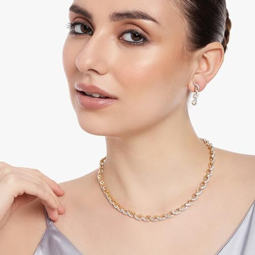 Estele American Diamond Gold Plated Necklace Set/Jewellery Set with Earrings for Women