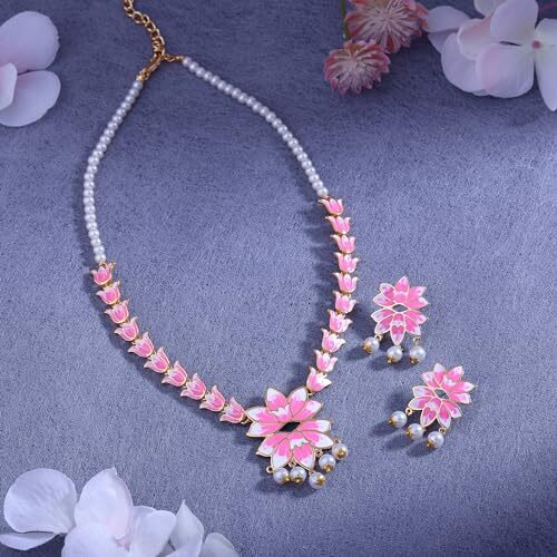 Estele Jewellery Sets for Women Gold Plated Pink & White Enamel Attractive Lotus Designer Ethnic Pearl Necklace Set Versatile Chic for Women & Girls