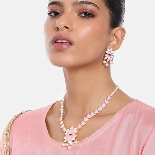 Estele Jewellery Sets for Women Gold Plated Pink & White Enamel Attractive Lotus Designer Ethnic Pearl Necklace Set Versatile Chic for Women & Girls