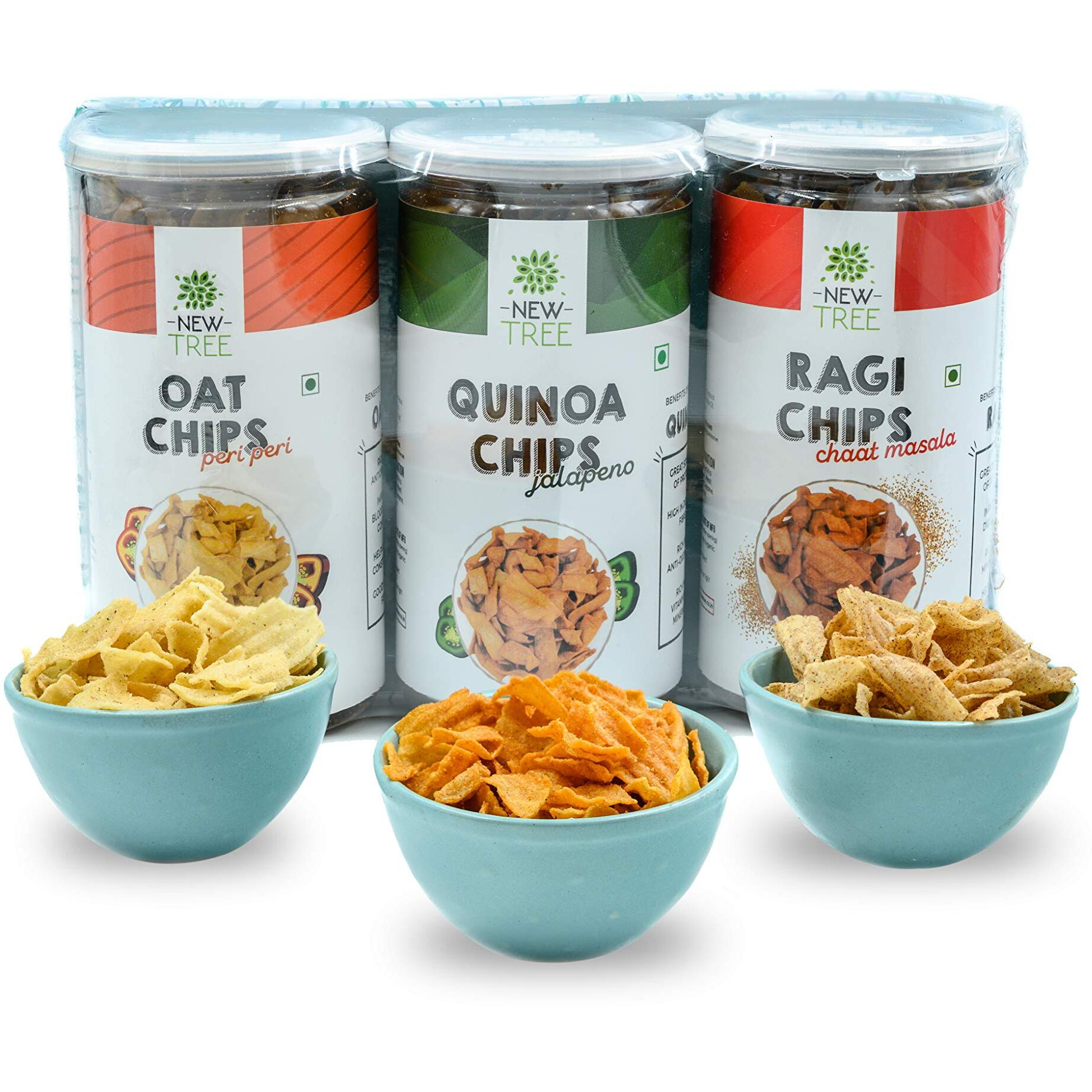 Newtree Gift Hamper,The Healthy Chips Combo Ii Oats Chips Peri Peri-225Gm Ii Ragi Chips-Chaat Masala-225Gms Ii Quinoa Chips Jalepeno- 225Gms Ii Total Weight-675Gms