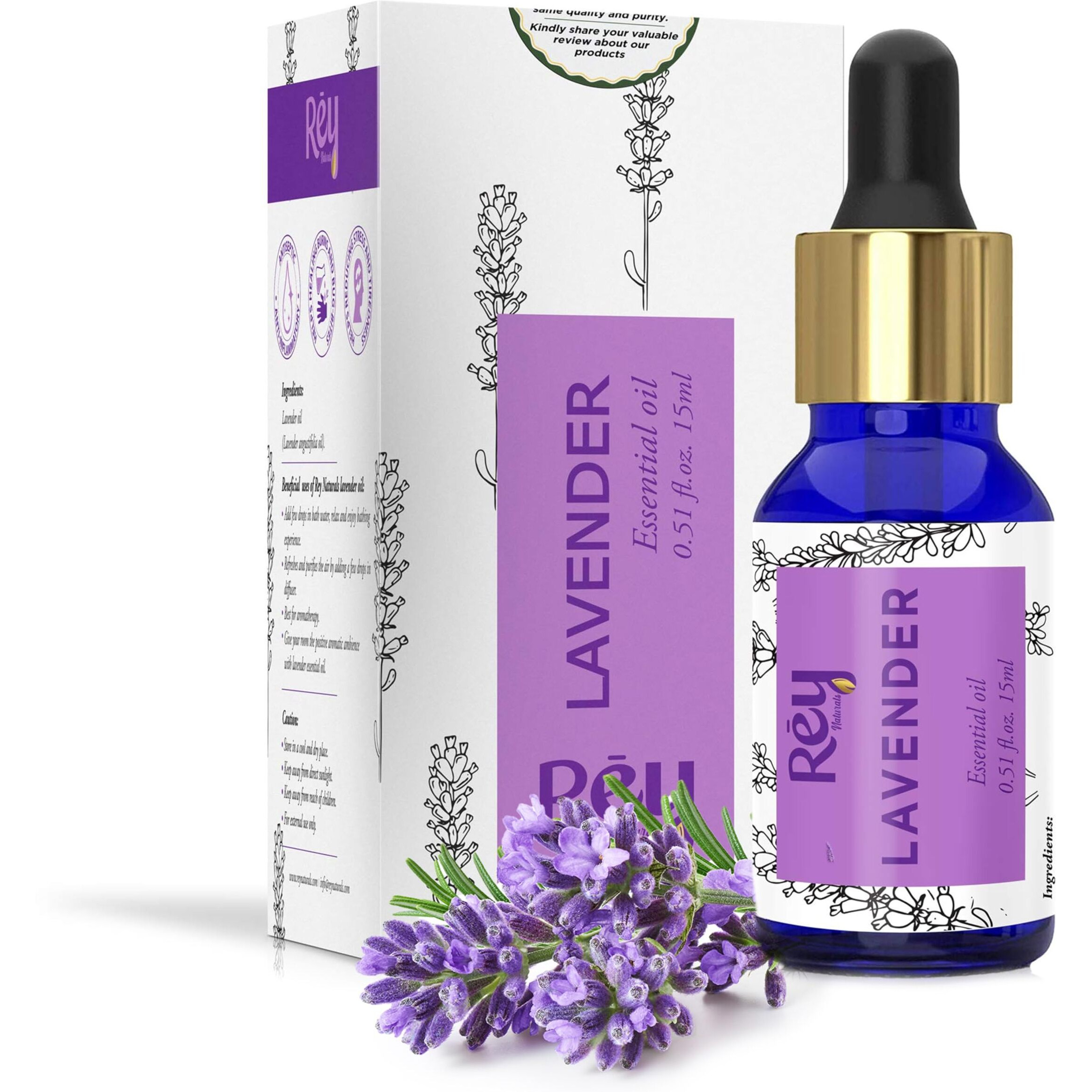 Rey Naturals Lavender Essential Oil, Natural & Therapeutic Grade Choice For Aromatherapy, Massage & Aroma Diffusers - 15 ML