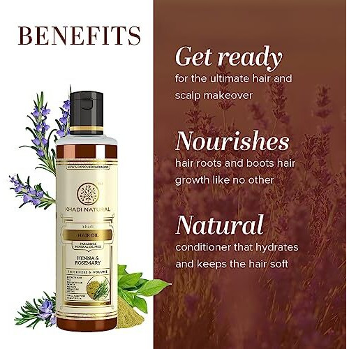 Khadi Natural Rosemary & Henna Hair Oil, Natural Oil For Thick & Voluminous Hair Oil For Controlling Hair Fall & Premature Greying, Paraben & Mineral Oil Free, Suitable For All Hair Types, 210ml