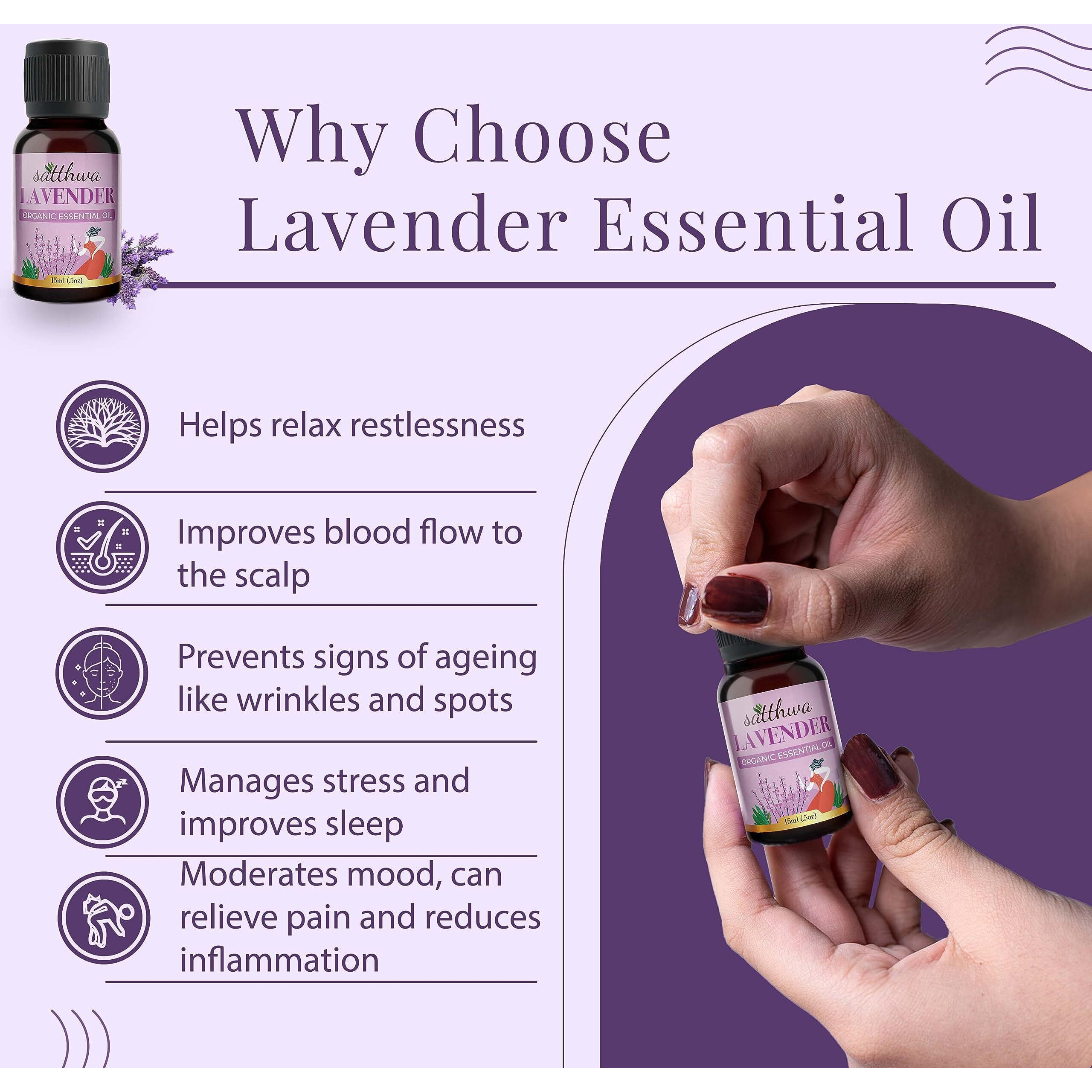 Satthwa Organic Lavender Essential Oil - Therapeutic Grade - 15ml - Calming Floral Scent, Promotes Relaxation, Soothes Skin Irritations, and Enhances Sleep Quality